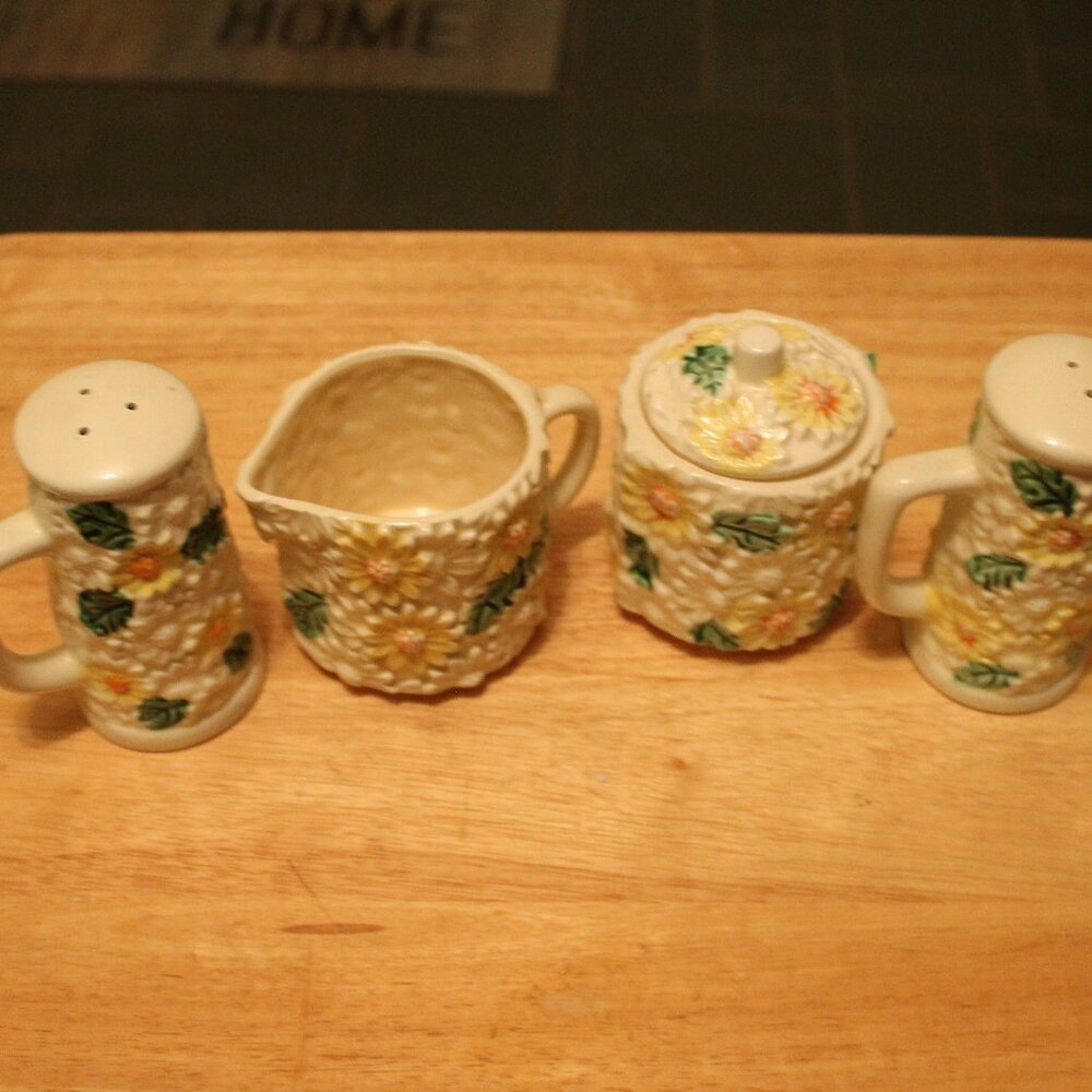 Vintage Porcelain Japenese Sugar, Creamer, Salt & Pepper Shaker w/ Yellow Flower